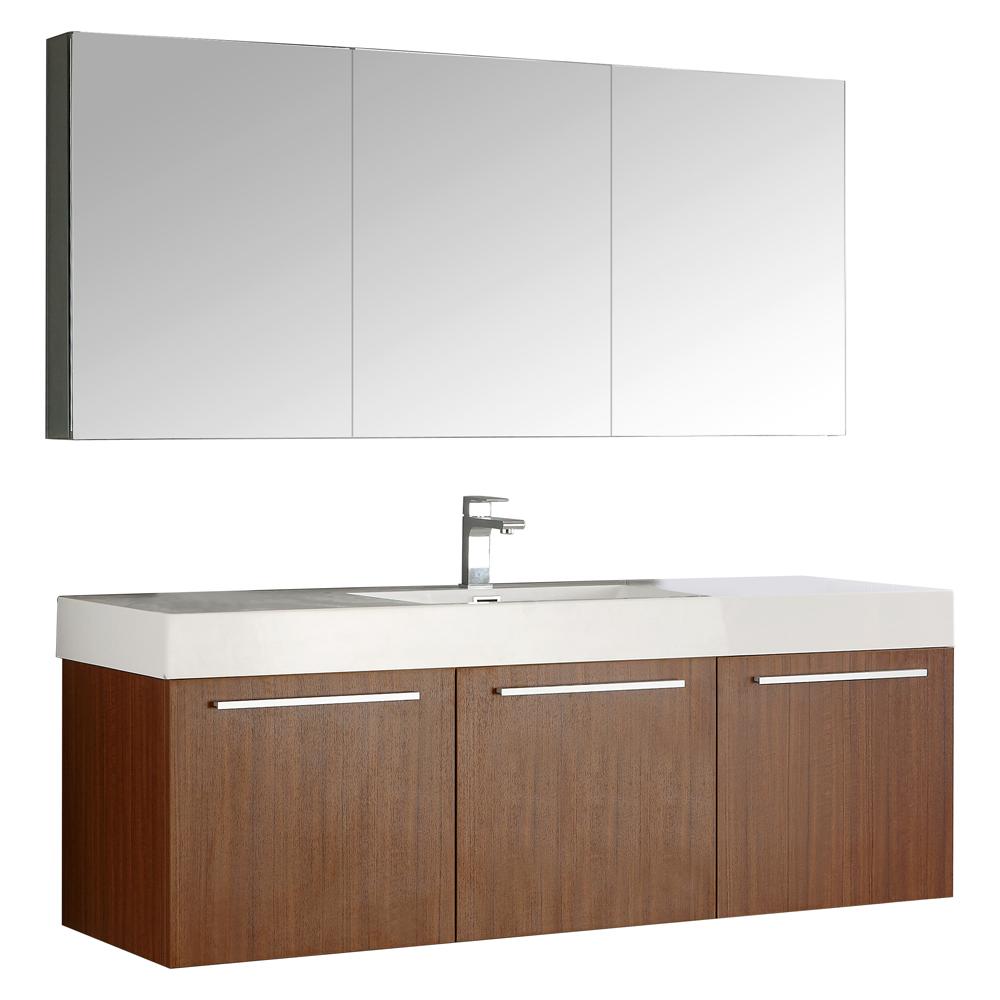 Fresca Vista 60" Teak Wall Hung Single Sink Modern Bathroom Vanity w/ Medicine Cabinet - Luxe Bathroom Vanities