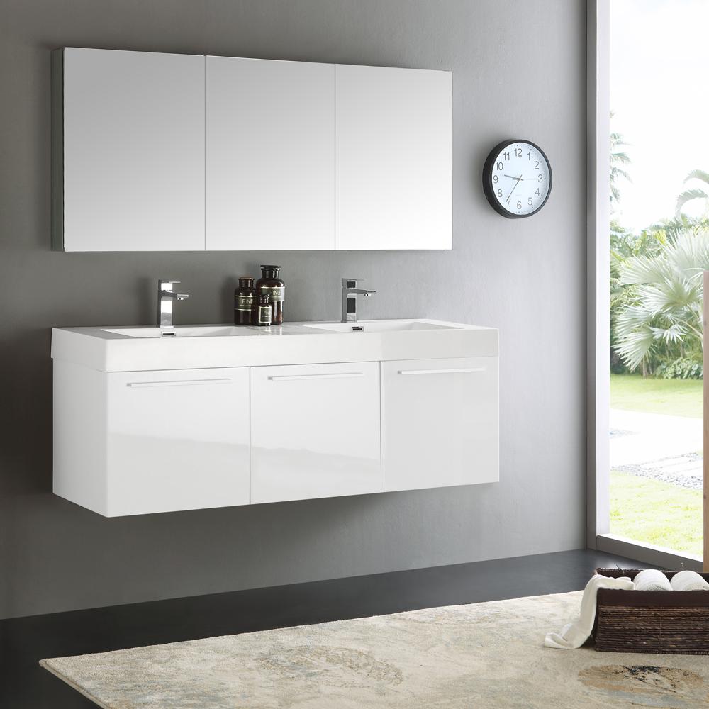 Fresca Vista 60" White Wall Hung Double Sink Modern Bathroom Vanity w/ Medicine Cabinet - Luxe Bathroom Vanities