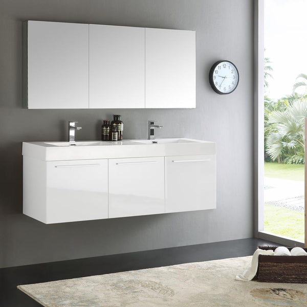 Fresca Vista 60" White Wall Hung Double Sink Modern Bathroom Vanity w/ Medicine Cabinet - Luxe Bathroom Vanities