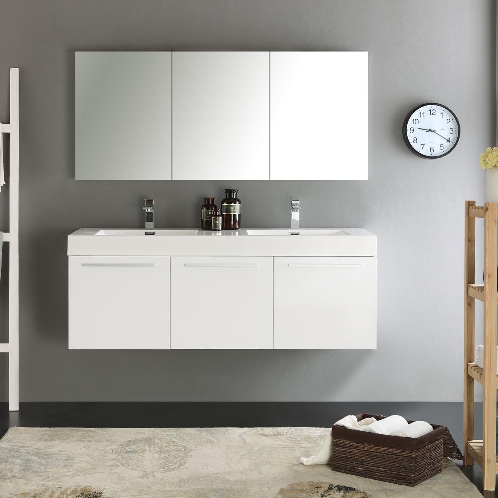 Fresca Vista 60" White Wall Hung Double Sink Modern Bathroom Vanity w/ Medicine Cabinet - Luxe Bathroom Vanities