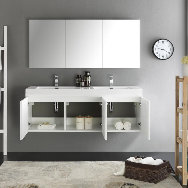 Fresca Vista 60" White Wall Hung Double Sink Modern Bathroom Vanity w/ Medicine Cabinet - Luxe Bathroom Vanities