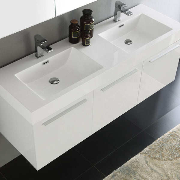 Fresca Vista 60" White Wall Hung Double Sink Modern Bathroom Vanity w/ Medicine Cabinet - Luxe Bathroom Vanities