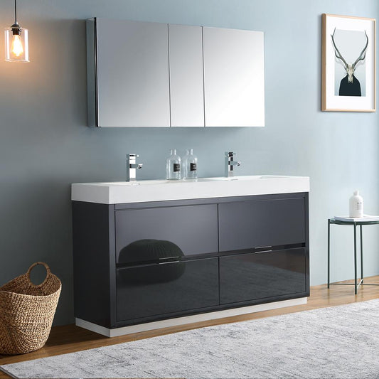 Fresca Valencia 60" Dark Slate Gray Free Standing Double Sink Modern Bathroom Vanity w/ Medicine Cabinet - Luxe Bathroom Vanities