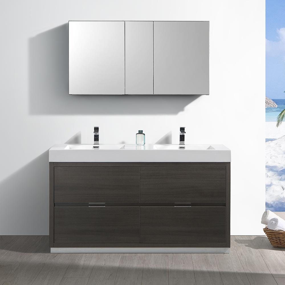 Fresca Valencia 60" Gray Oak Free Standing Double Sink Modern Bathroom Vanity w/ Medicine Cabinet - Luxe Bathroom Vanities