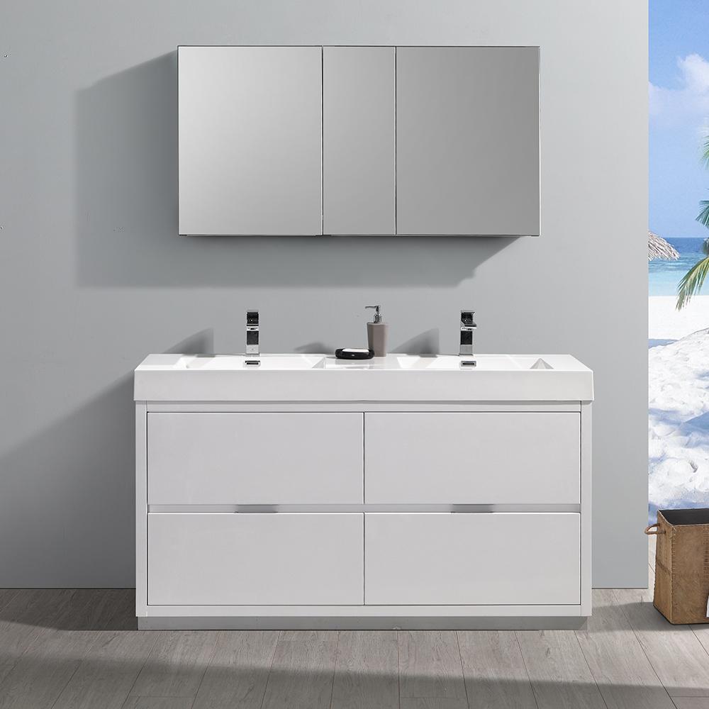 Fresca Valencia 60" Glossy White Free Standing Double Sink Modern Bathroom Vanity w/ Medicine Cabinet - Luxe Bathroom Vanities