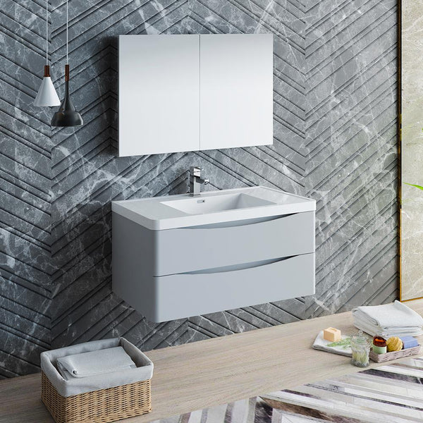 Fresca Tuscany 40" Glossy Gray Wall Hung Modern Bathroom Vanity w/ Medicine Cabinet - Luxe Bathroom Vanities