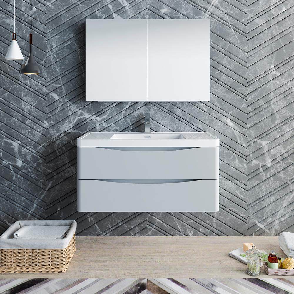 Fresca Tuscany 40" Glossy Gray Wall Hung Modern Bathroom Vanity w/ Medicine Cabinet - Luxe Bathroom Vanities