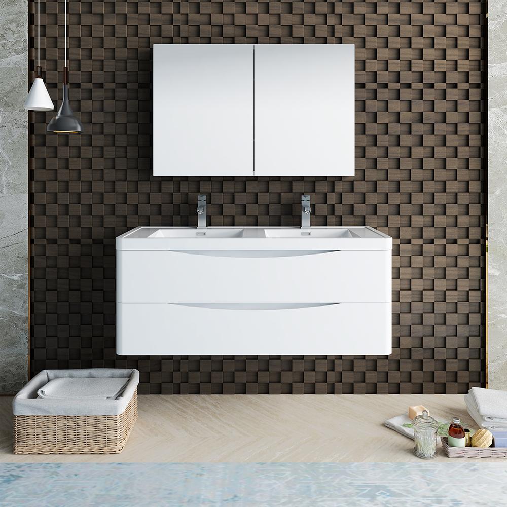 Fresca Tuscany 48" Glossy White Wall Hung Double Sink Modern Bathroom Vanity w/ Medicine Cabinet - Luxe Bathroom Vanities
