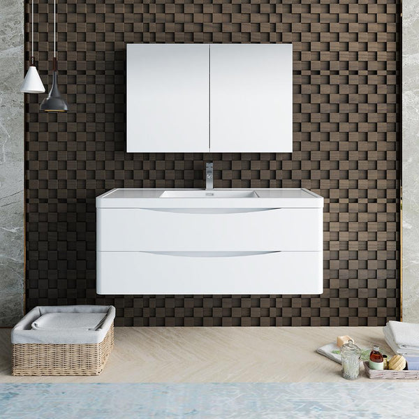Fresca Tuscany 48" Glossy White Wall Hung Modern Bathroom Vanity w/ Medicine Cabinet - Luxe Bathroom Vanities