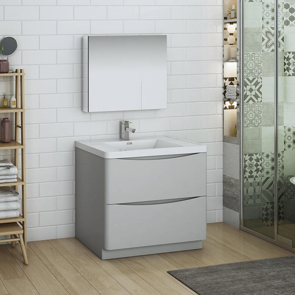 Fresca Tuscany 36" Glossy Gray Free Standing Modern Bathroom Vanity w/ Medicine Cabinet - Luxe Bathroom Vanities