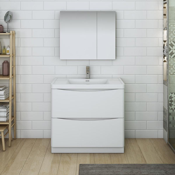 Fresca Tuscany 36" Glossy White Free Standing Modern Bathroom Vanity w/ Medicine Cabinet - Luxe Bathroom Vanities