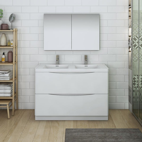 Fresca Tuscany 48" Glossy White Free Standing Double Sink Modern Bathroom Vanity w/ Medicine Cabinet - Luxe Bathroom Vanities
