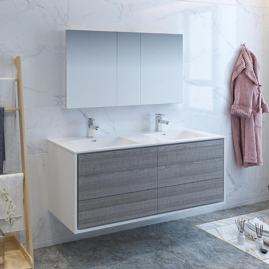 Fresca Catania 60" Glossy Ash Gray Wall Hung Double Sink Modern Bathroom Vanity w/ Medicine Cabinet - Luxe Bathroom Vanities