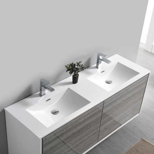 Fresca Catania 60" Glossy Ash Gray Wall Hung Double Sink Modern Bathroom Vanity w/ Medicine Cabinet - Luxe Bathroom Vanities