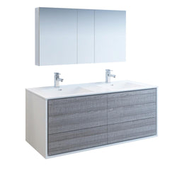 Fresca Catania 60" Glossy Ash Gray Wall Hung Double Sink Modern Bathroom Vanity w/ Medicine Cabinet - Luxe Bathroom Vanities