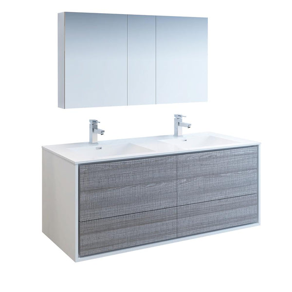 Fresca Catania 60" Glossy Ash Gray Wall Hung Double Sink Modern Bathroom Vanity w/ Medicine Cabinet - Luxe Bathroom Vanities