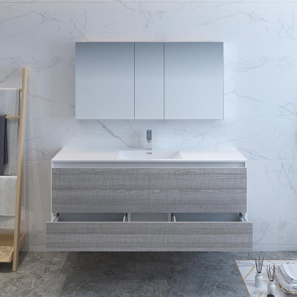 Fresca Catania 60" Glossy Ash Gray Wall Hung Single Sink Modern Bathroom Vanity w/ Medicine Cabinet - Luxe Bathroom Vanities