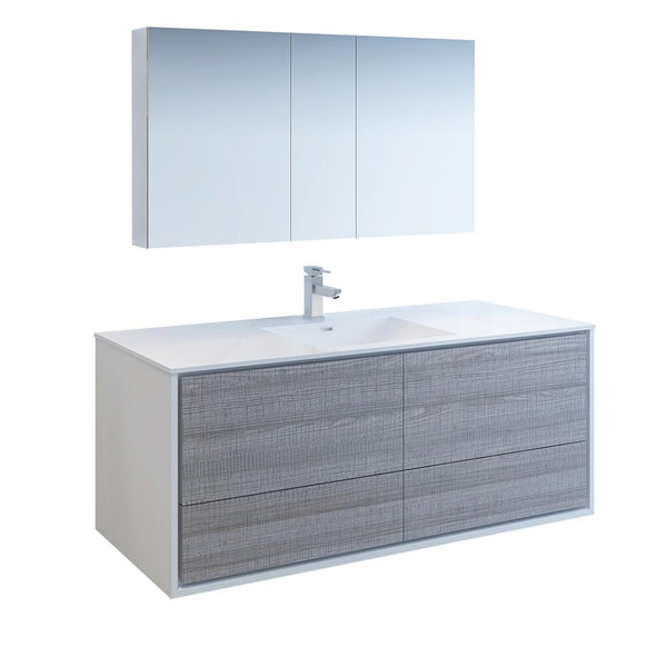 Fresca Catania 60" Glossy Ash Gray Wall Hung Single Sink Modern Bathroom Vanity w/ Medicine Cabinet - Luxe Bathroom Vanities