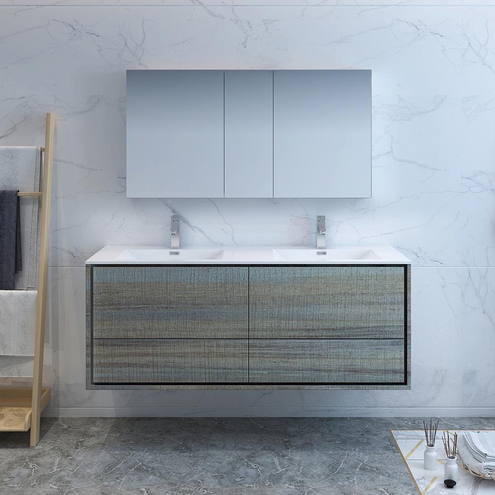 Fresca Catania 60" Ocean Gray Wall Hung Double Sink Modern Bathroom Vanity w/ Medicine Cabinet - Luxe Bathroom Vanities