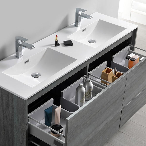 Fresca Catania 60" Ocean Gray Wall Hung Double Sink Modern Bathroom Vanity w/ Medicine Cabinet - Luxe Bathroom Vanities