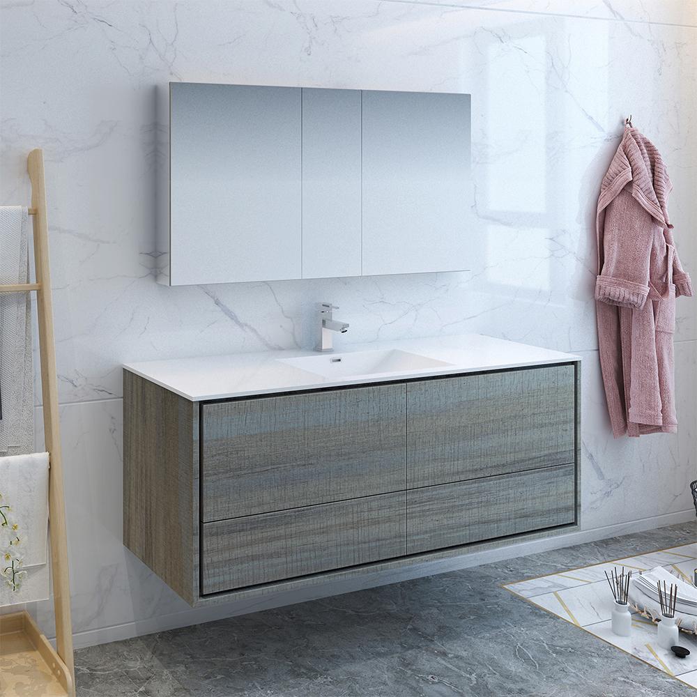 Fresca Catania 60" Ocean Gray Wall Hung Single Sink Modern Bathroom Vanity w/ Medicine Cabinet - Luxe Bathroom Vanities