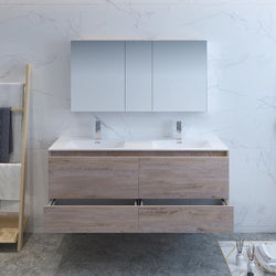 Fresca Catania 60" Glossy White Wall Hung Double Sink Modern Bathroom Vanity w/ Medicine Cabinet - Luxe Bathroom Vanities