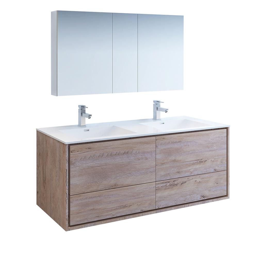 Fresca Catania 60" Rustic Natural Wood Wall Hung Double Sink Modern Bathroom Vanity w/ Medicine Cabinet - Luxe Bathroom Vanities