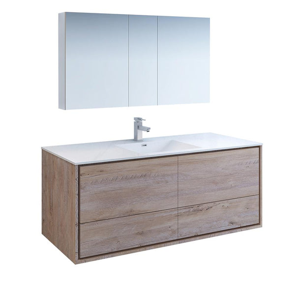 Fresca Catania 60" Rustic Natural Wood Wall Hung Single Sink Modern Bathroom Vanity w/ Medicine Cabinet - Luxe Bathroom Vanities