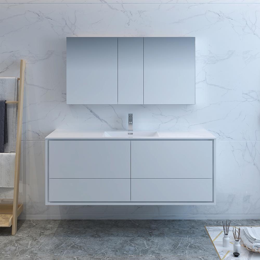 Fresca Catania 60" Glossy White Wall Hung Single Sink Modern Bathroom Vanity w/ Medicine Cabinet - Luxe Bathroom Vanities