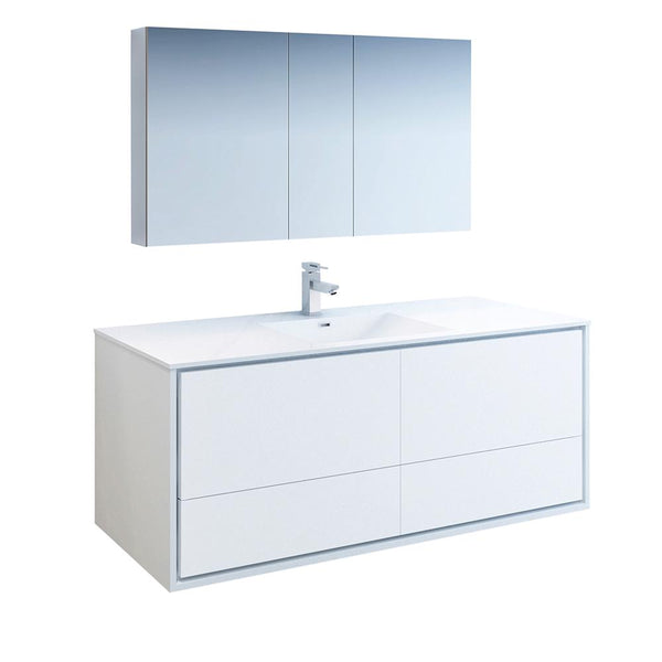 Fresca Catania 60" Glossy White Wall Hung Single Sink Modern Bathroom Vanity w/ Medicine Cabinet - Luxe Bathroom Vanities