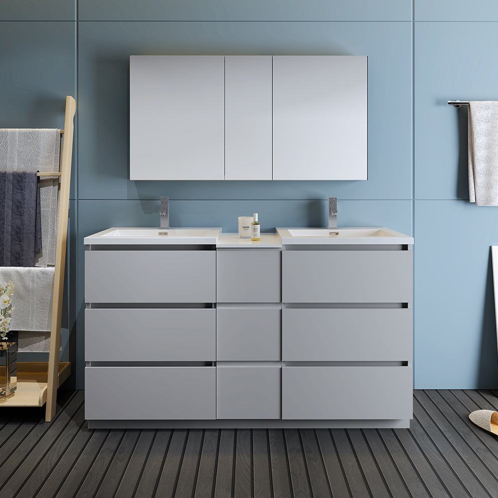 Fresca Lazzaro 60" Gray Free Standing Double Sink Modern Bathroom Vanity w/ Medicine Cabinet & 6 Drawers - Luxe Bathroom Vanities