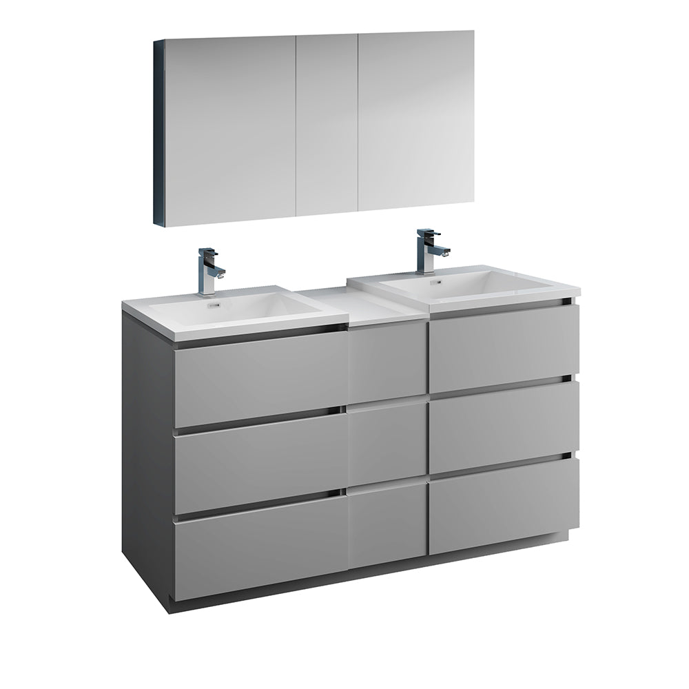 Fresca Lazzaro 60" Gray Free Standing Double Sink Modern Bathroom Vanity w/ Medicine Cabinet & 6 Drawers - Luxe Bathroom Vanities