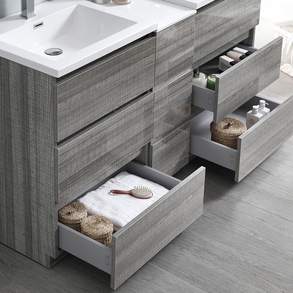 Fresca Lazzaro 60" Glossy Ash Gray Free Standing Double Sink Modern Bathroom Vanity w/ Medicine Cabinet & 6 Drawers - Luxe Bathroom Vanities