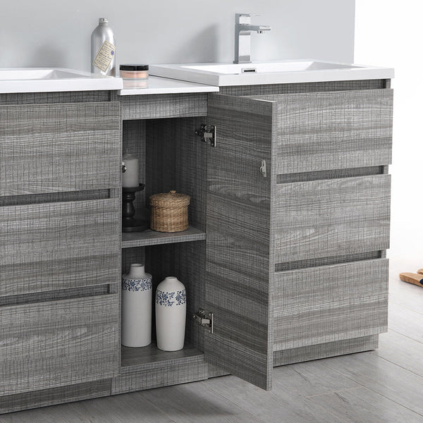 Fresca Lazzaro 60" Glossy Ash Gray Free Standing Double Sink Modern Bathroom Vanity w/ Medicine Cabinet & 6 Drawers - Luxe Bathroom Vanities