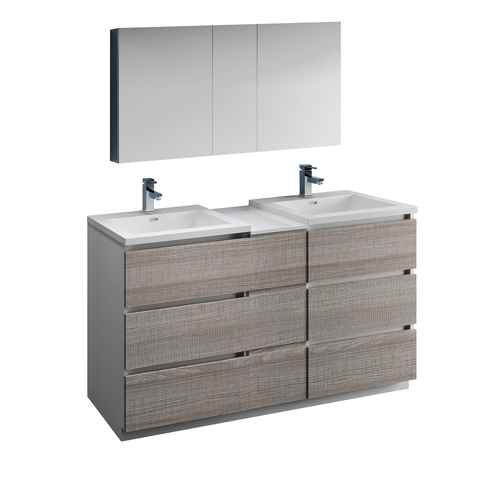 Fresca Lazzaro 60" Glossy Ash Gray Free Standing Double Sink Modern Bathroom Vanity w/ Medicine Cabinet & 6 Drawers - Luxe Bathroom Vanities