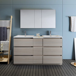 Fresca Lazzaro 60" Gray Wood Free Standing Double Sink Modern Bathroom Vanity w/ Medicine Cabinet & 6 Drawers - Luxe Bathroom Vanities