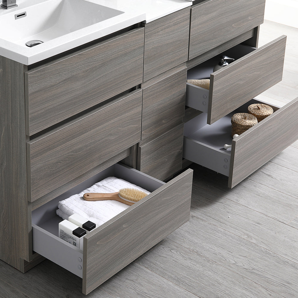 Fresca Lazzaro 60" Gray Wood Free Standing Double Sink Modern Bathroom Vanity w/ Medicine Cabinet & 6 Drawers - Luxe Bathroom Vanities