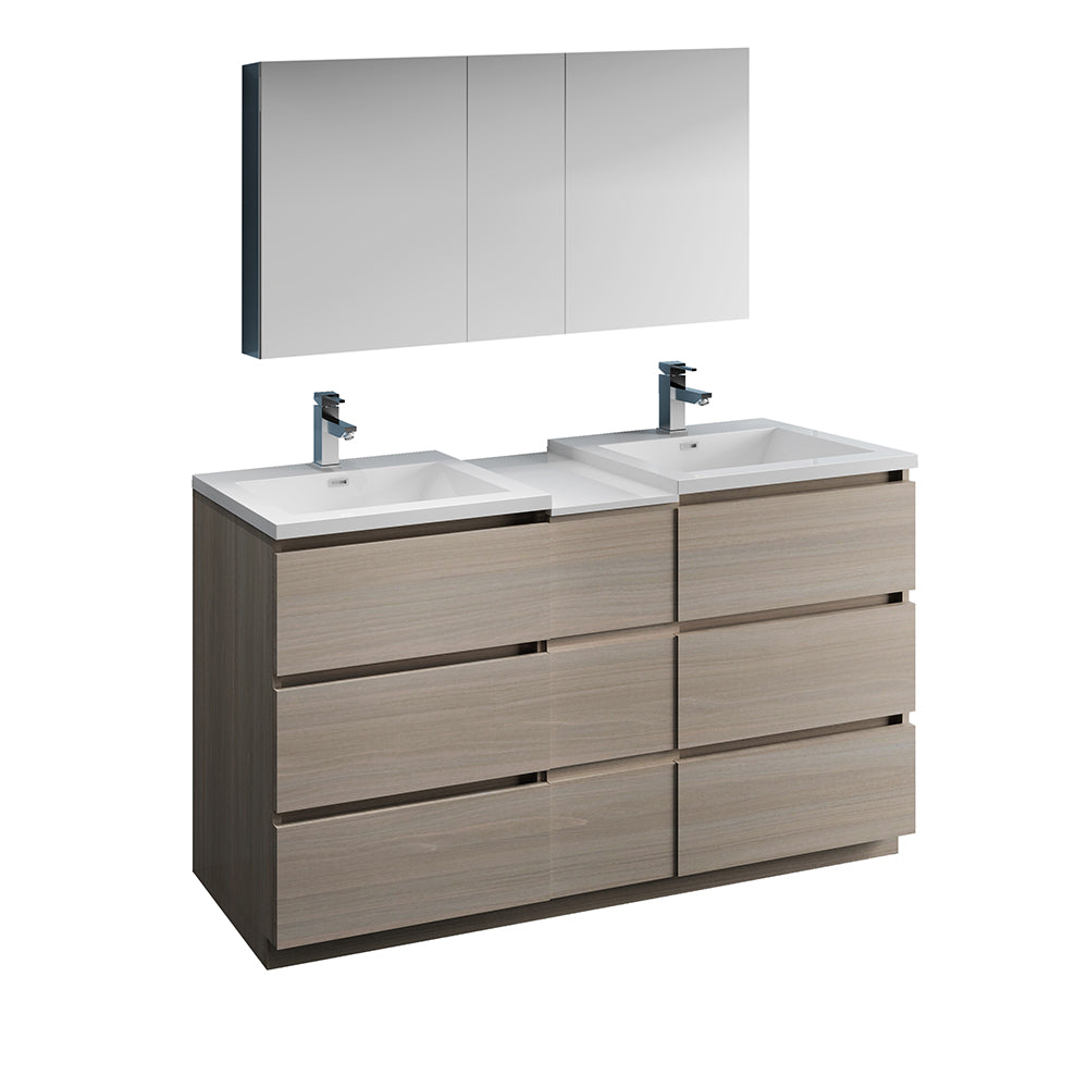 Fresca Lazzaro 60" Gray Wood Free Standing Double Sink Modern Bathroom Vanity w/ Medicine Cabinet & 6 Drawers - Luxe Bathroom Vanities