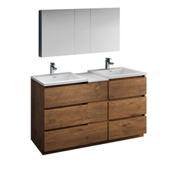 Fresca Lazzaro 60" Rosewood Free Standing Double Sink Modern Bathroom Vanity w/ Medicine Cabinet & 6 Drawers - Luxe Bathroom Vanities