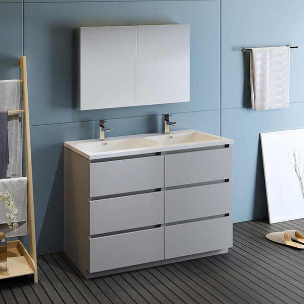 Fresca Lazzaro 48" Gray Free Standing Double Sink Modern Bathroom Vanity w/ Medicine Cabinet - Luxe Bathroom Vanities