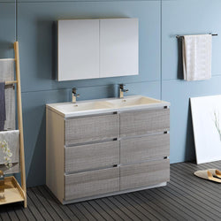 Fresca Lazzaro 48" Glossy Ash Gray Free Standing Double Sink Modern Bathroom Vanity w/ Medicine Cabinet - Luxe Bathroom Vanities