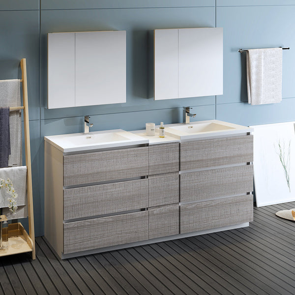 Fresca Lazzaro 72" Glossy Ash Gray Free Standing Double Sink Modern Bathroom Vanity w/ Medicine Cabinet & 6 Drawers - Luxe Bathroom Vanities