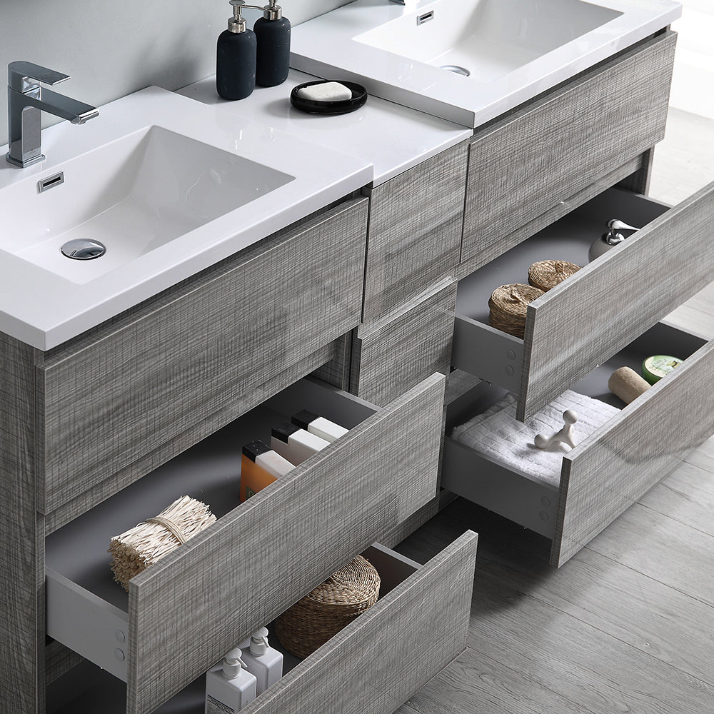 Fresca Lazzaro 72" Glossy Ash Gray Free Standing Double Sink Modern Bathroom Vanity w/ Medicine Cabinet & 6 Drawers - Luxe Bathroom Vanities