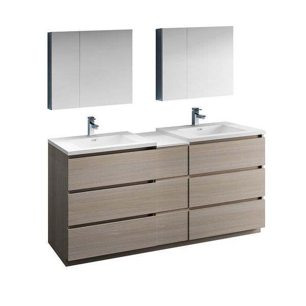 Fresca Lazzaro 72" Gray Wood Free Standing Double Sink Modern Bathroom Vanity w/ Medicine Cabinet & 6 Drawers - Luxe Bathroom Vanities