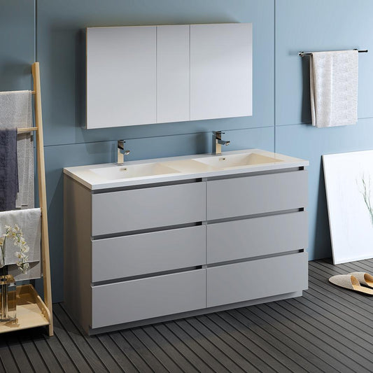 Fresca Lazzaro 60" Gray Free Standing Double Sink Modern Bathroom Vanity w/ Medicine Cabinet - Luxe Bathroom Vanities