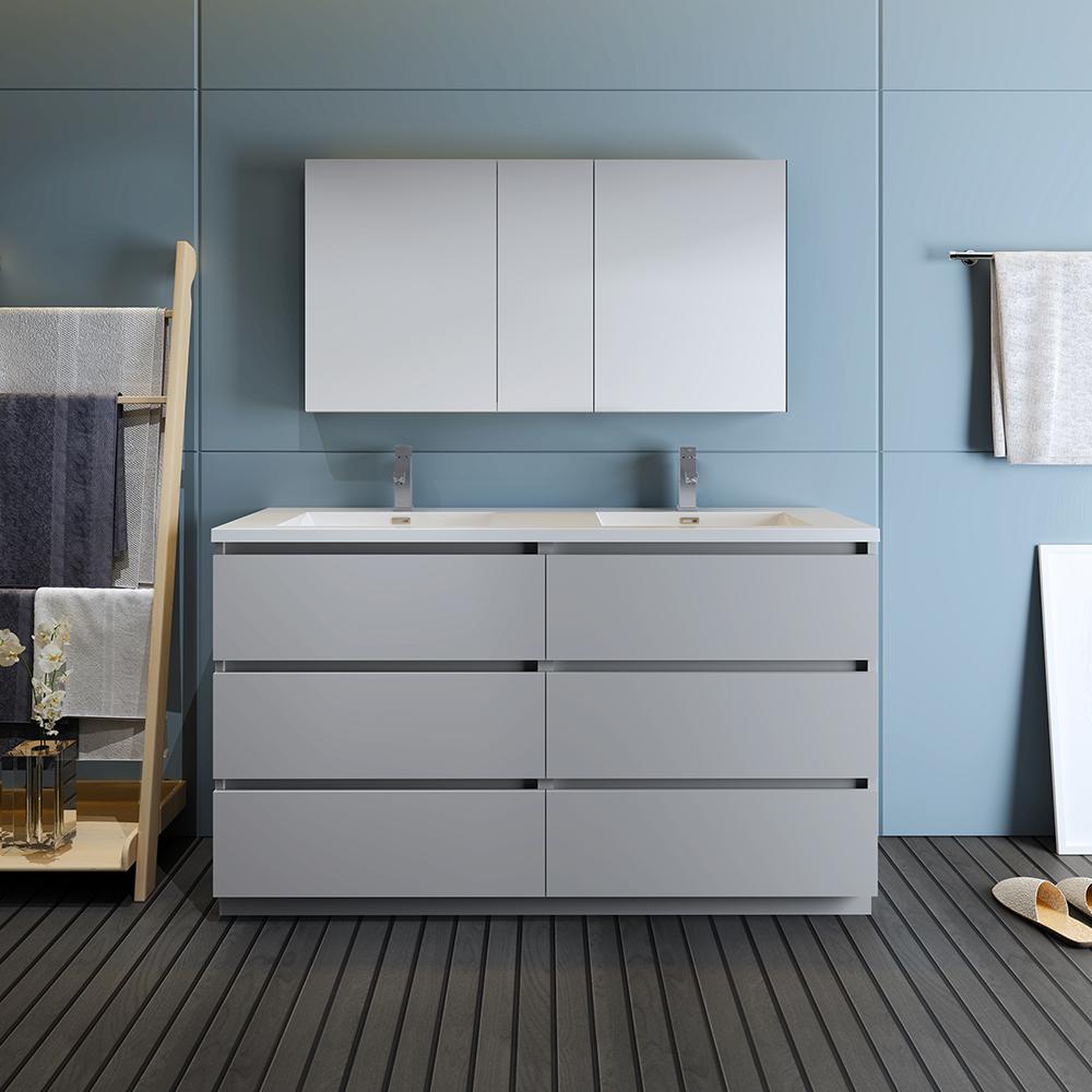 Fresca Lazzaro 60" Gray Free Standing Double Sink Modern Bathroom Vanity w/ Medicine Cabinet - Luxe Bathroom Vanities