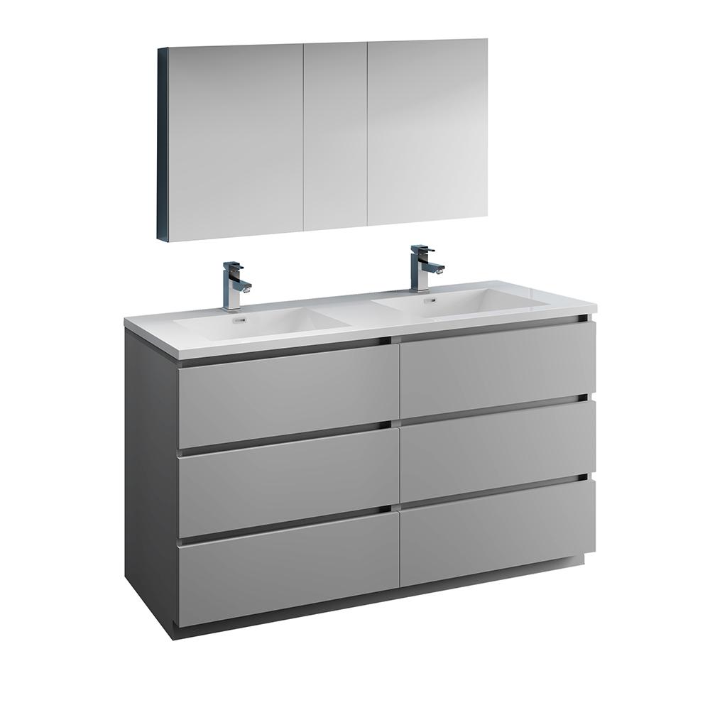 Fresca Lazzaro 60" Gray Free Standing Double Sink Modern Bathroom Vanity w/ Medicine Cabinet - Luxe Bathroom Vanities