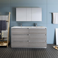 Fresca Lazzaro 60" Glossy Ash Gray Free Standing Double Sink Modern Bathroom Vanity w/ Medicine Cabinet - Luxe Bathroom Vanities