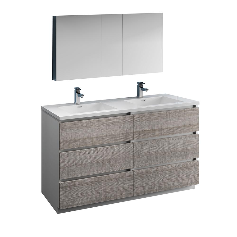 Fresca Lazzaro 60" Glossy Ash Gray Free Standing Double Sink Modern Bathroom Vanity w/ Medicine Cabinet - Luxe Bathroom Vanities