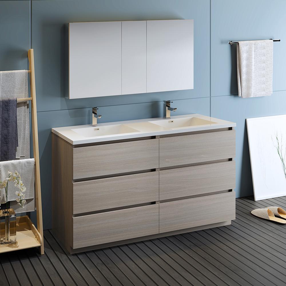 Fresca Lazzaro 60" Gray Wood Free Standing Double Sink Modern Bathroom Vanity w/ Medicine Cabinet - Luxe Bathroom Vanities